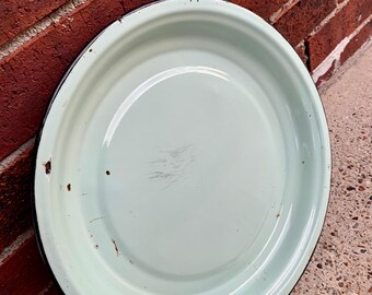 Antique Enamelware Shallow Bowl in Mint Green with Black Rim, Farmhouse Decor, Rustic, Camping, Collectible.  Bin MG6