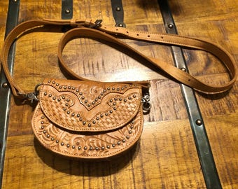 Vintage Genuine American West Hand Tooled Leather Crossbody Western Style Floral Saddle Bag with Scrollwork Carvings & Metal Studs, Gift