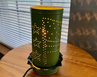 Vintage Green Punched Tin Lamp with Flag and Stars Design, Rustic Decor, Country Night Light. Bin TR54