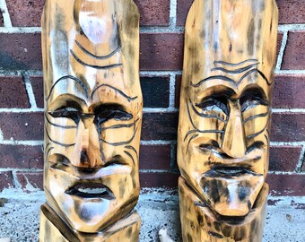 Vintage 1960s Authentic Hand-Carved Wooden Folk Art Masks with Deep Expressive Facial Features, Set of 2, Souvenirs, Gifts. Bin 433