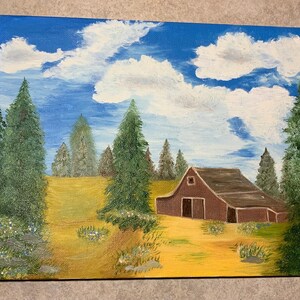 May include: An acrylic painting of a rural landscape featuring a red barn, green trees, and a yellow field under a blue sky with white clouds. The artwork captures a serene countryside scene.