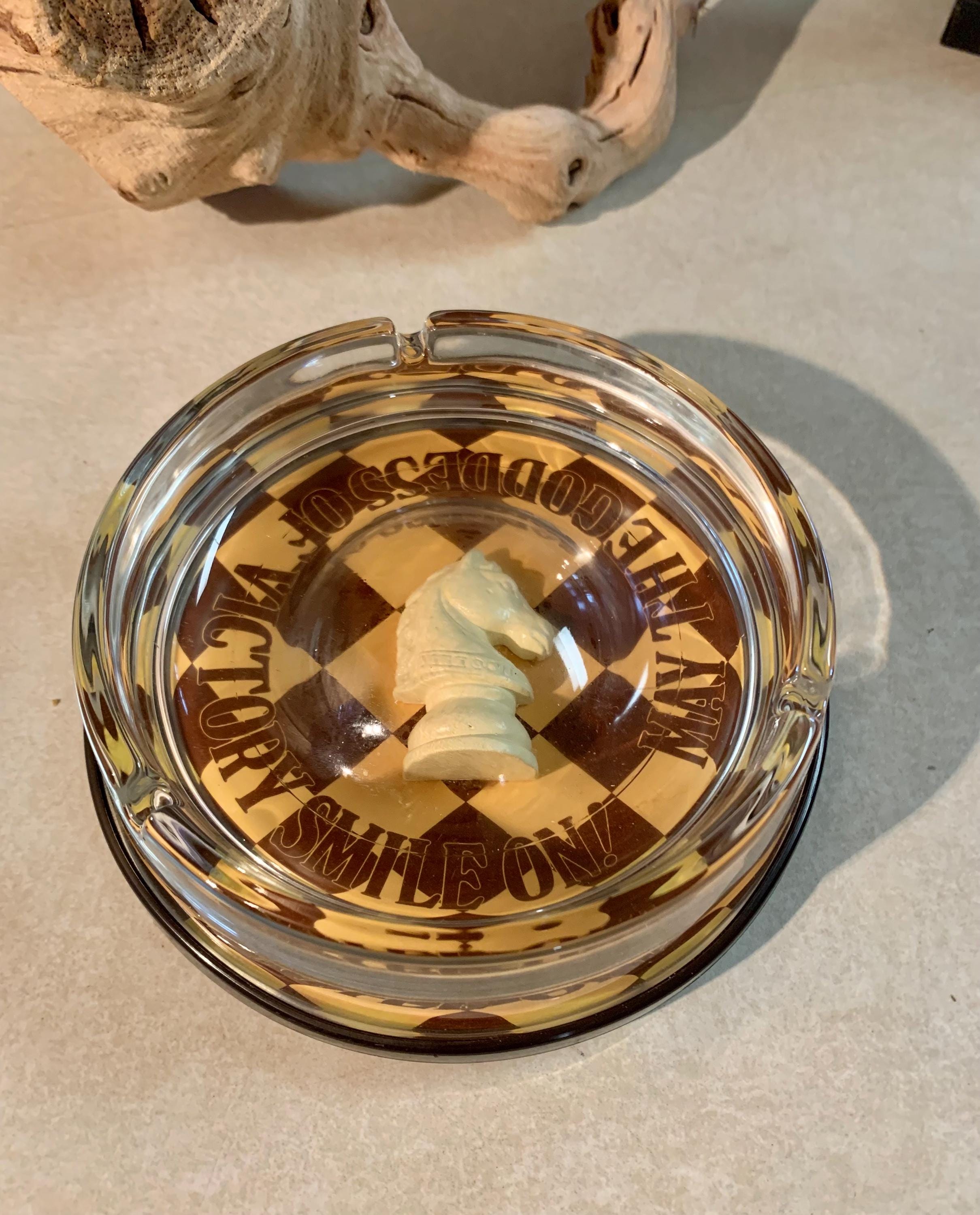 Unique Acrylic Chess Ashtray "May The Goddess of Victory Smile On!" Chess Knight Piece, Made in Japan, Checkered Pattern of Beige and Brown