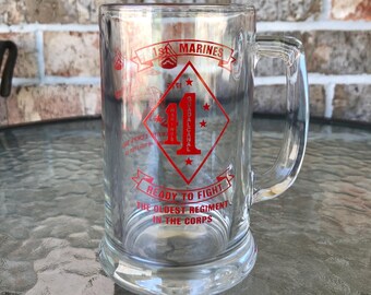 US Marine Corps (1975-1990) Camp Pendleton, CA Glass Beer Mug “1st Marines" - "Ready to Fight, The Oldest Regiment in the Corps", Souvenir