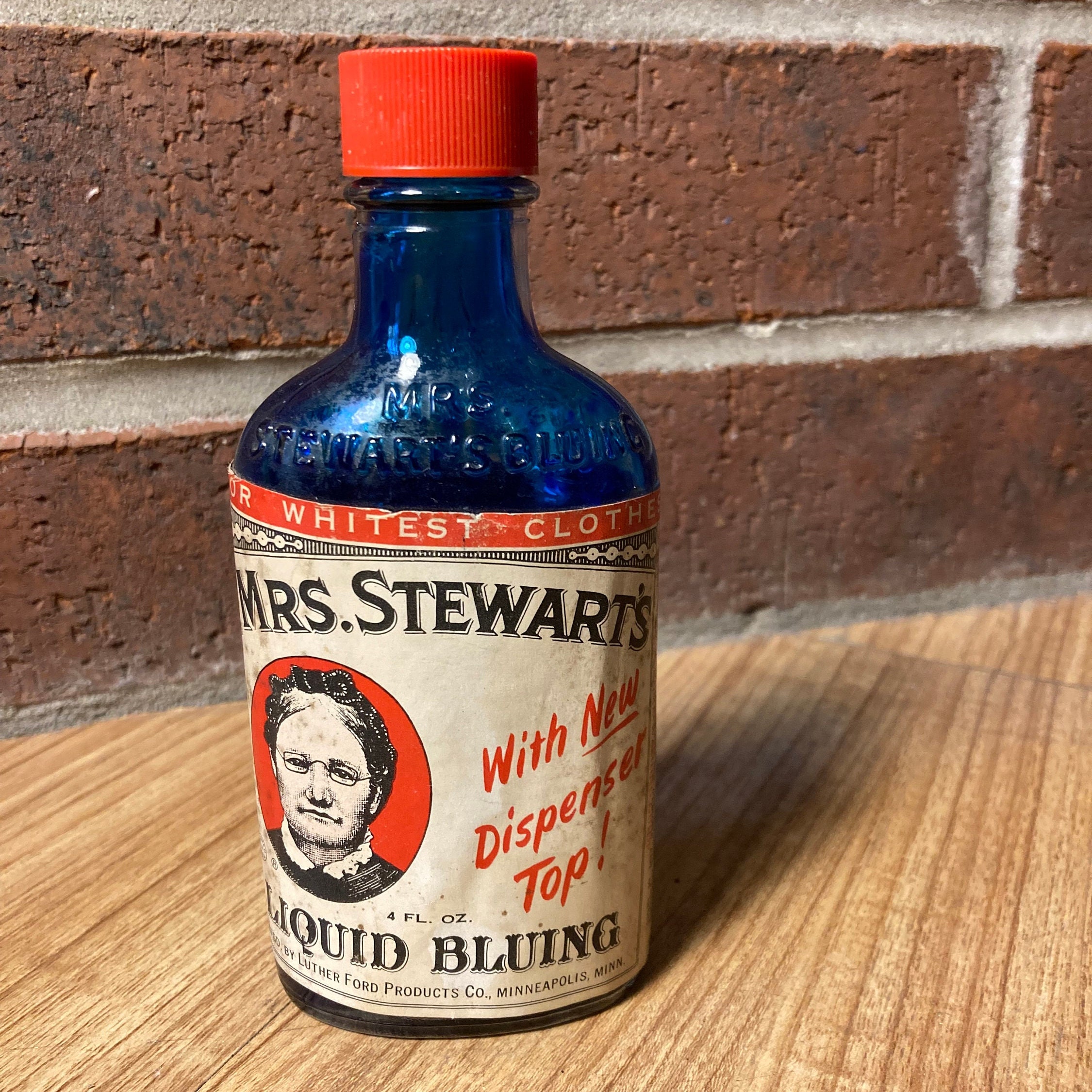 Vintage 1963 Mrs. Stewarts Liquid Bluing, Blue Bottle, Luther Ford