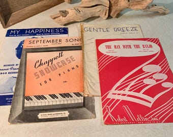 Partituras vintage de 1952 de “September Song” - 1952 de “The Man With The Banjo” - 1955 de “My Happiness” - 1959 de “Gentle Breeze”, coleccionables.