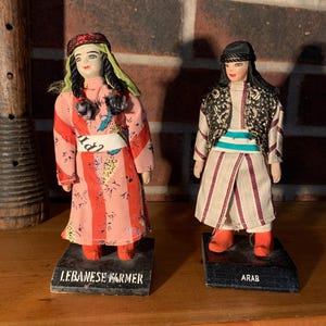Vintage Porcelain Middle East “Lebanese Farmer & Arab” Dolls in Traditional Attire, Dated and Signed on Bottom, Set of 2, Tourist Souvenirs