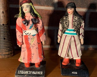 Vintage Porcelain Middle East “Lebanese Farmer & Arab” Dolls in Traditional Attire, Dated and Signed on Bottom, Set of 2, Tourist Souvenirs