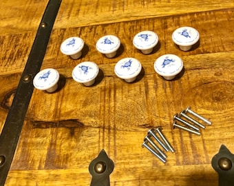 Vintage Porcelain White & Delft Blue Floral Design Cabinet/Drawer Pull Knobs Including Hardware, DIY Remodeling Projects, Farmhouse, Lot 8