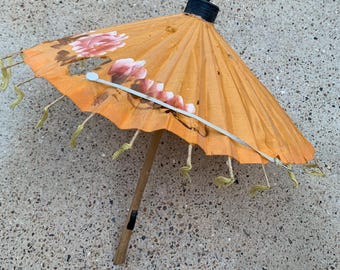 Antique 1800s Traditional Hand-painted Japanese Parasol, Crafted of Bamboo & Washi Paper, Wagasa Umbrella, Rose Flowers Design, Collectible