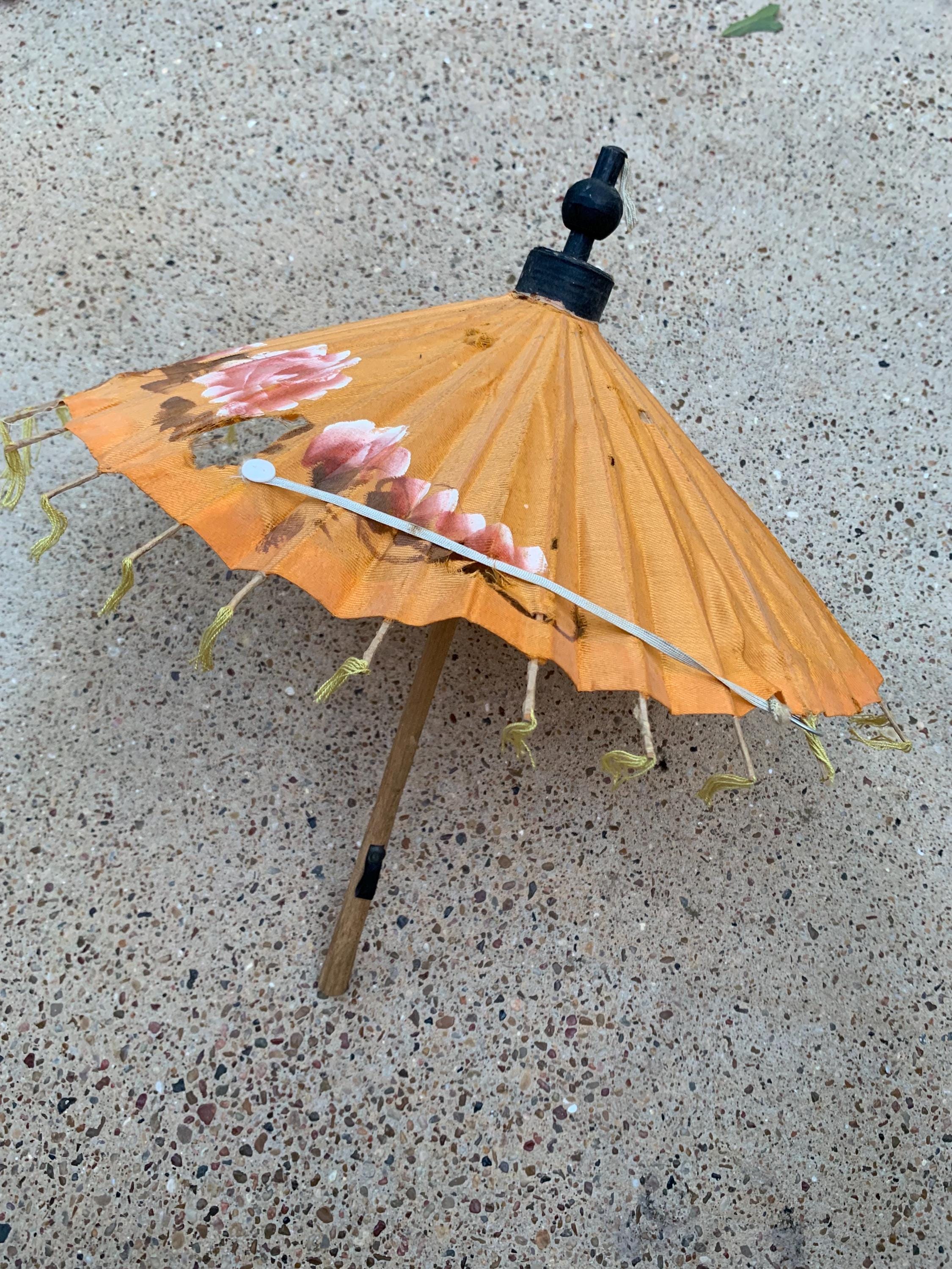 Antique 1800s Traditional Hand-painted Japanese Parasol, Crafted of Bamboo & Washi Paper, Wagasa Umbrella, Rose Flowers Design, Collectible