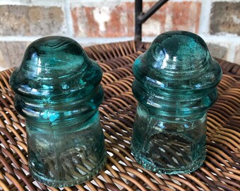 Vintage No. 9 Hemingray Glass Insulators, Shade of Aqua, Set of 2, Collectible, Railroad, Home Decor.  Bin 12N