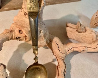 Vintage Buddha of Siam Twisted Brass & Wood Handle Serving Spoon, Tarnished Brass, Made in Thailand.  Bin 7K