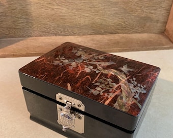 Vintage Musical Jewelry Box in Black Lacquer Mother of Pearl Flowers & Birds Inlay, Turtle Clasp, Trinket Box, Shades of Pink Mauve Pearl