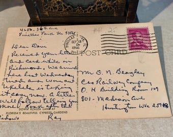 Rare 1960 Abraham Lincoln 4-cent Purple Stamp on 1966 Postcard of Azaleas- Cypress Gardens, Railway Company (Chesapeake and Ohio Railway)
