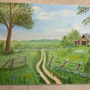 May include: An oil painting depicts a rural landscape with a dirt path leading to a barn. A large tree stands on the left, and a wooden fence is in the foreground. The sky is blue with white clouds, and the field is green.