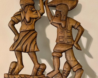 Arte mural africano vintage de madera tallada a mano, decoración de pared, juego de 2. Bin 5521