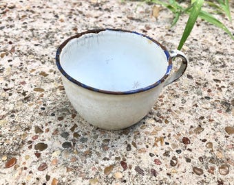 Antique WWII Enamelware White Cup Blue Trim Rim, Historically Utilized in Medical Environment, Farmhouse, Rustic, Collectible.  Bin DESK