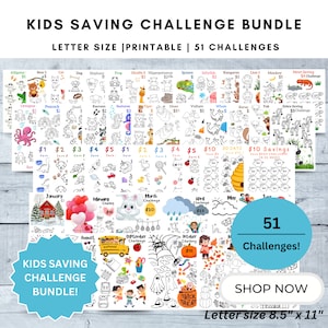 Paquete de desafíos de ahorro para niños en tamaño carta, imprimible, descarga digital, ahorro de dinero para niños, seguimiento de ahorro para niños, alfabeto, conteo