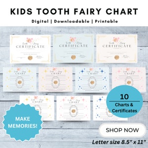 Certificats et graphiques de la fée des dents pour enfants, taille d'une lettre, mémoire de la fée des dents, suivi des dents perdues, reçu de la dent perdue, tradition des dents perdues