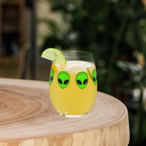 Stemless Wine Glass with Alien Faces, 15 oz UFO Themed Glassware, Sci-Fi Wine Lover Gift, Extraterrestrial Decor