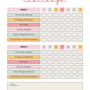 May include: A printable 75-day soft challenge tracker with a checklist for each day of the week. The checklist includes: 45-minute workout, 10 pages of reading, eat clean, 3 liters of water, take a progress picture, and only drink on social occasions. The tracker is divided into two weeks, with each week having 7 days.