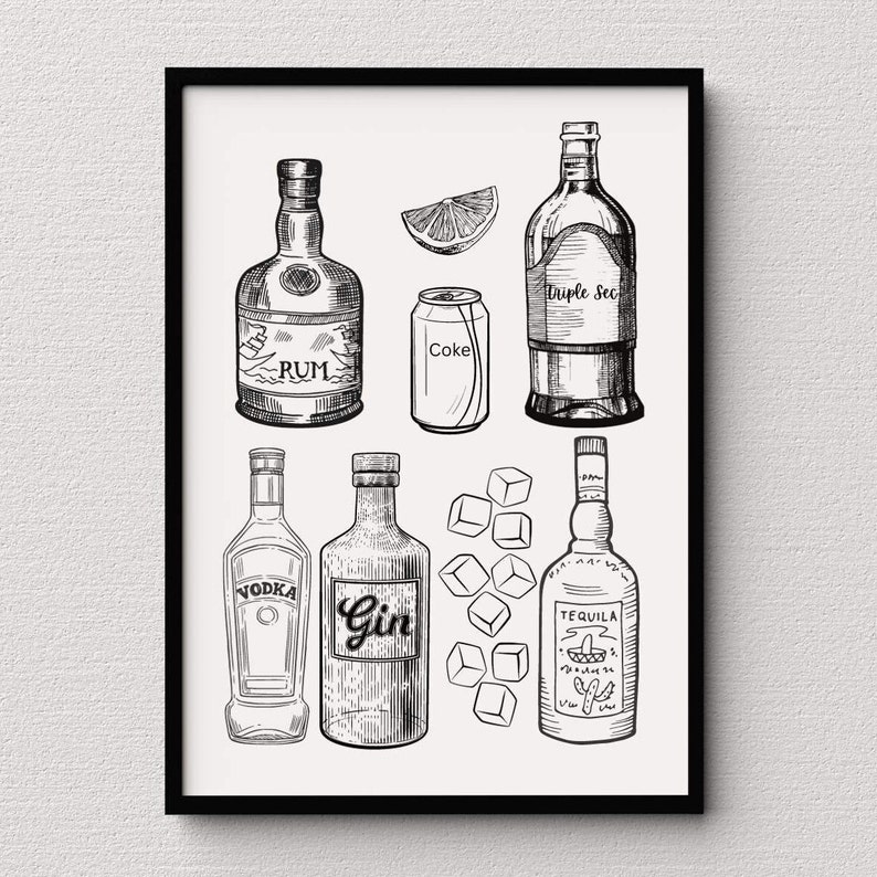 May include: Black and white line drawing illustration of various bottles of alcohol, including rum, vodka, gin, tequila, and triple sec. A can of coke and a slice of lime are also included in the illustration.