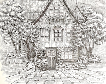 May include: A black and white pen and ink drawing of a house with a gabled roof, surrounded by trees and a stone walkway. The house has a door and windows, and the drawing is signed "Alena Zlobina 08.2023".