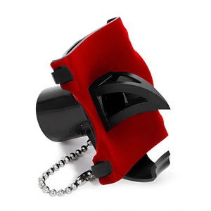 May include: A red and black drain stopper with a chain. The stopper has a rubber flap that covers the drain opening.