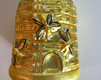 Vintage German Blown Glass Beehive Christmas Ornament. Hand painted and decorated. In excellent Vitage condition.