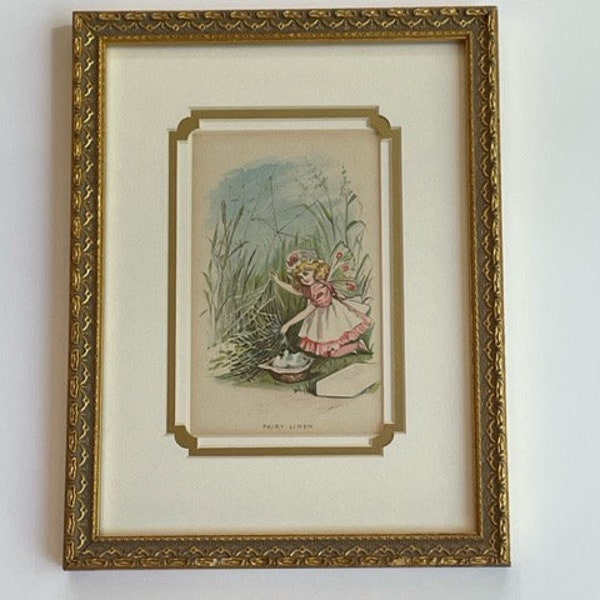 Framed Antique Chromolithograph Illustration Titled Fairy Linen from Fairy Tales Promotional Booklet. Artwork by Maud Humphrey.