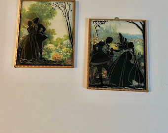 Paar Vintage konvexe Glasrückseite bemalte Silhouetten Frühlingsszenen