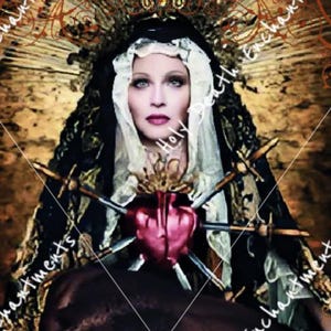 May include: An artistic image featuring Madonna as Our Lady, with a crown and a heart pierced by arrows. The image has a dark background with gold filigree and the text "Our Lady Madonna".