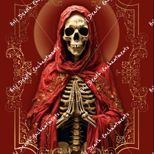 May include: A digital illustration of a skeletal figure in a red hooded robe with gold detailing, hands clasped in prayer. The image is framed by gold filigree and the text "Our Lady of Passion". The background is a deep red.