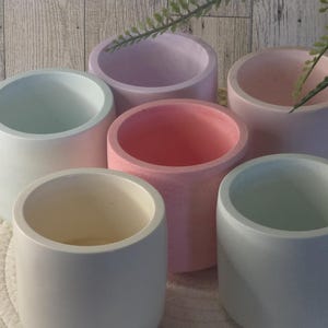 May include: A collection of six pastel-colored, cylindrical planters. The planters are in shades of light blue, pink, yellow, and purple. A fern branch is visible in the background. The planters are arranged on a white woven surface.