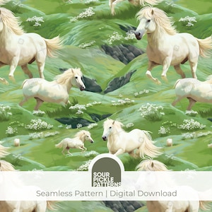 Modello senza cuciture del cavallo selvaggio, cavallo bianco islandese, carta digitale per artigianato e scrapbooking