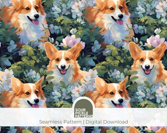 Corgi digital pattern, puppy dog seamless illustration, scrapbooking, creative crafting projects, repeating jpg