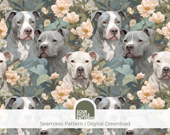 Pitbull digital paper, seamless dog pattern, cute large breed puppy, scrapbooking, jpg