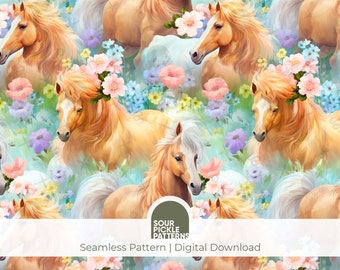 Seamless horse pattern, floral icelandic horse illustration, scrapbooking and creative crafting projects, digital paper