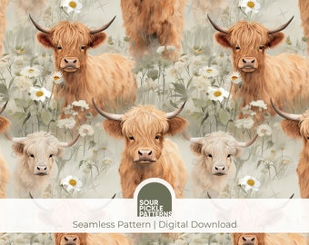 Highland Cow Digital Paper - Cute Seamless Cow Pattern - JPG Instant Download - For Crafting, Fabric and Scrapbooking