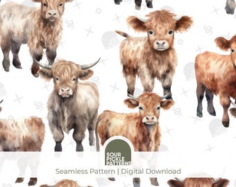 Highland Cow Digital Paper | Cute Seamless Cow Pattern | PNG & JPG Instant Download | Farm Animal Scrapbooking, Fabric, Crafting Background