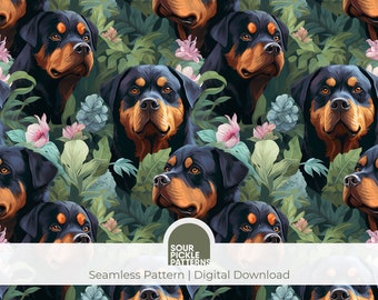 Rottweiler digital pattern, seamless dog illustration, cute large breed puppy, scrapbooking, creative crafting, jpg