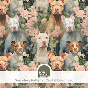 May include: A seamless pattern featuring a repeating design of pit bull terriers with different colored fur, surrounded by pink and white flowers. The dogs are looking directly at the viewer. The background is a dark green.