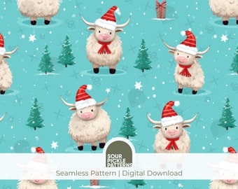 Highland Cow Christmas Pattern - Cute Seamless Pattern for Digital Paper, Gift Wrapping and Fabric Printing