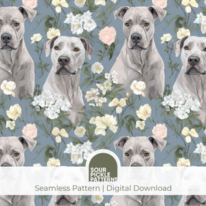 Könnte beinhalten: Ein nahtloses Muster mit einer hellgrauen Hunderasse mit weißen Blumen auf hellblauem Hintergrund. Der Text "Sour Pickle Patterns" und "Seamless Pattern | Digital Download" befindet sich am unteren Rand des Bildes.