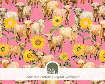 Highland Cow Digital Paper - Cute Seamless Cow Pattern - JPG Instant Download - For Crafting, Fabric Printing and Scrapbooking