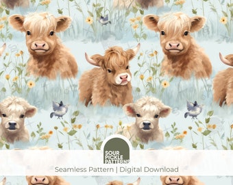 Highland Cow Seamless Pattern: Crafting & Fabric (JPG Digital Download)