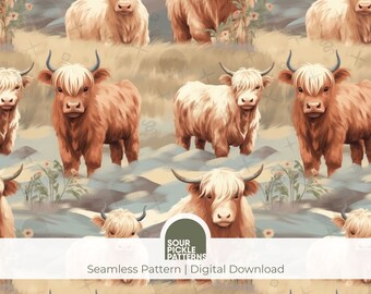 Highland Cow Seamless Pattern: Crafting & Fabric (Digital Download)