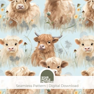 Papel digital Highland Cow - padrão de vaca sem costura - download instantâneo em JPG - para artesanato, tecido e álbum de recortes