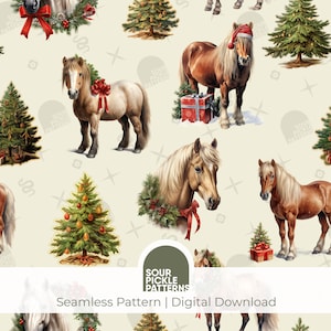 Weihnachtsmuster mit Pferd: Nahtloses digitales Papier, Geschenkverpackung und Stoffdruck in JPG und PNG