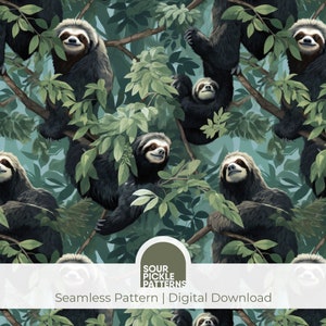 Op de afbeelding: Een naadloos patroon met luiaards die in bomen hangen met groene bladeren. De achtergrond is lichtblauw. Het patroon is getiteld "Sour Pickle Patterns" en zegt "Seamless Pattern | Digital Download".
